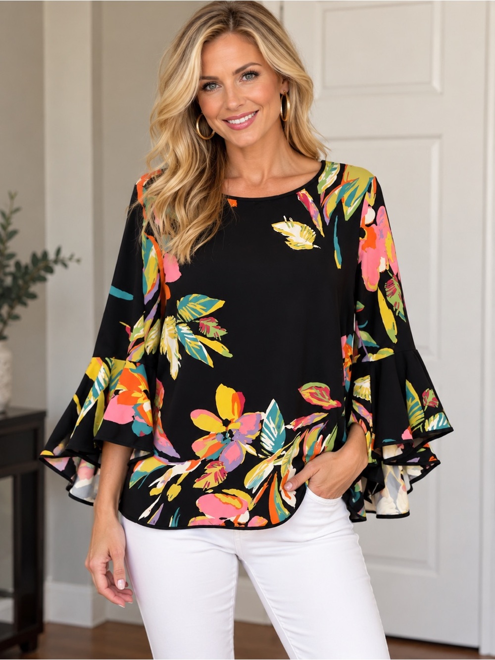 Floral Ruffle Sleeve Blouse - Black Multi